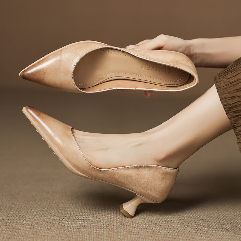 Calenne Leather Kitten Heels Almond Beige