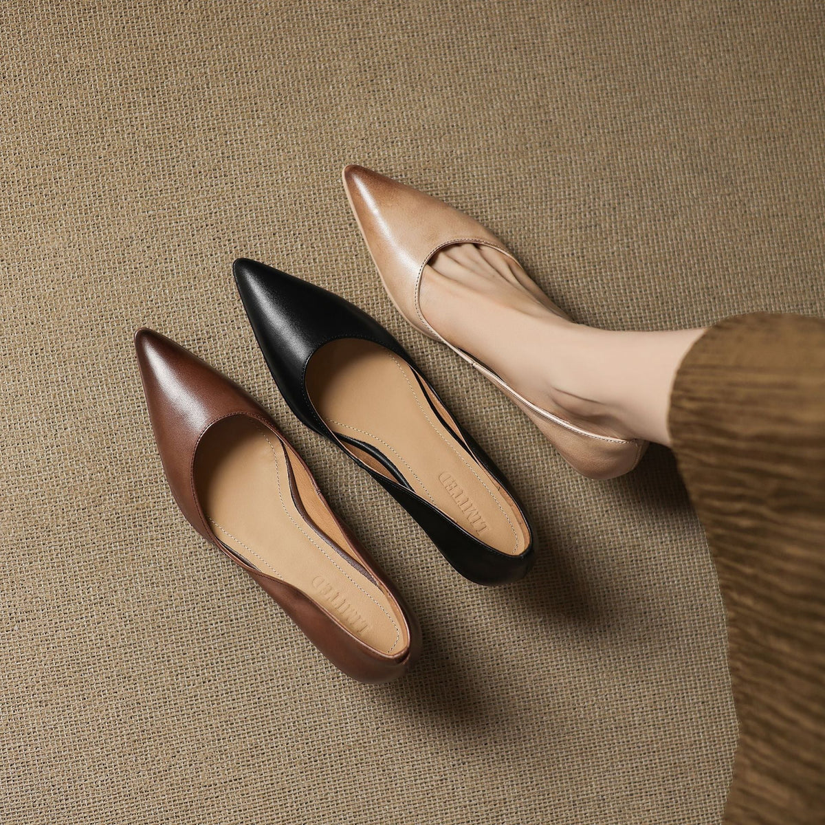 Calenne Leather Kitten Heels Almond Beige